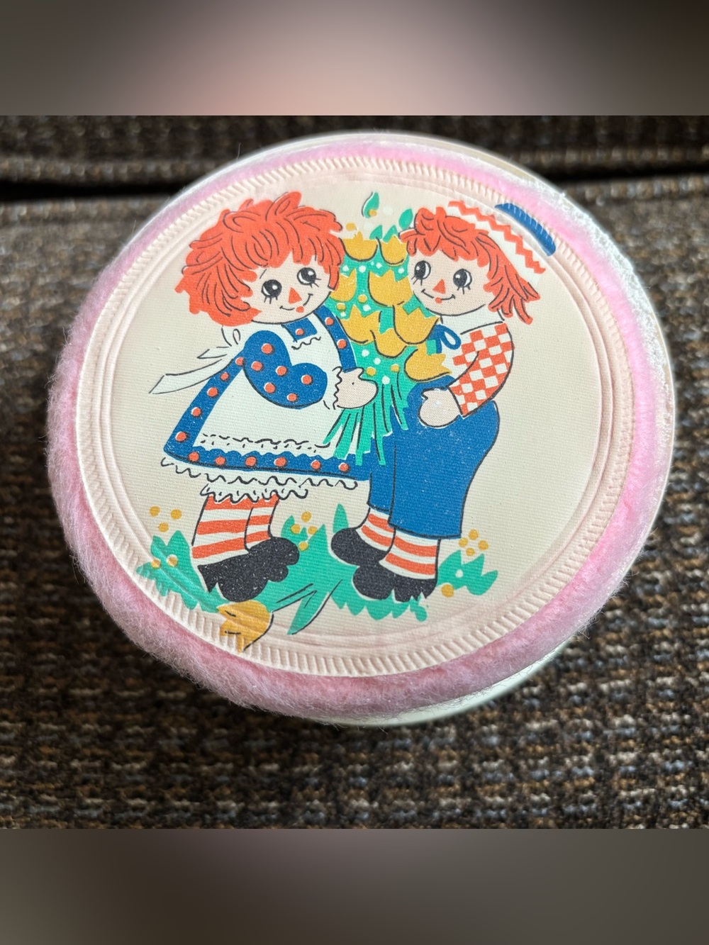 Vintage Pink Raggedy Ann & Andy Kids Powder Box